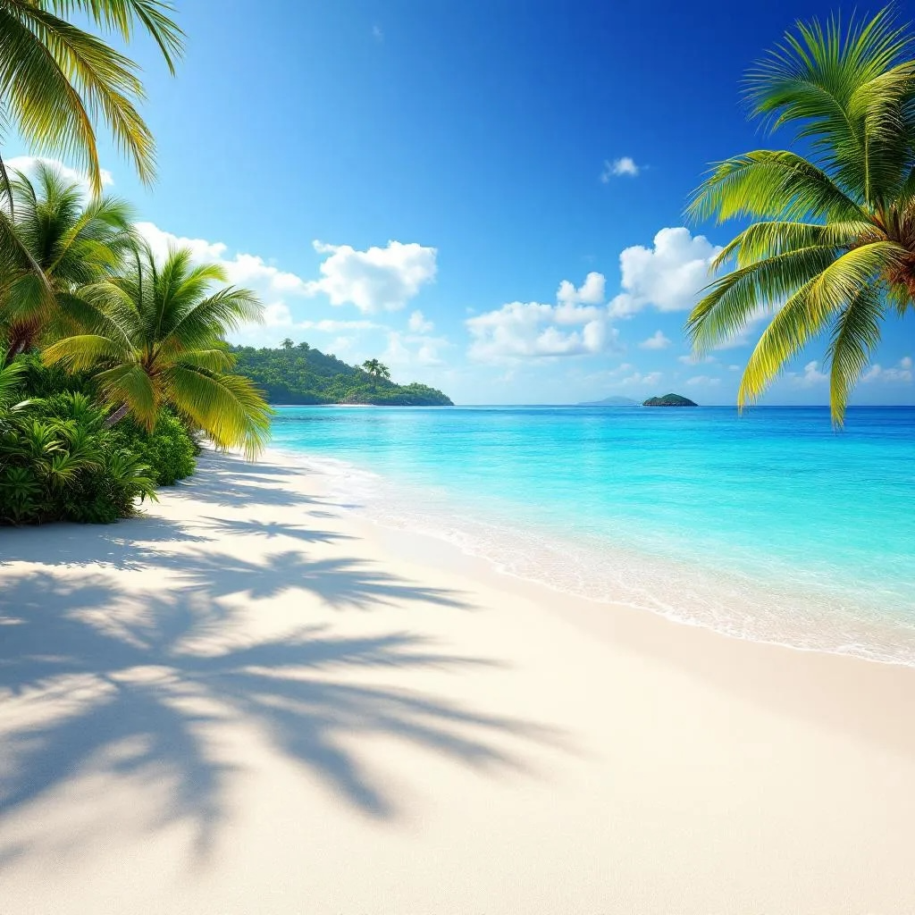 Tropical beach with palm trees and clear blue water representing the smell of Beach Breeze for creating your own custom perfumes and colognes.