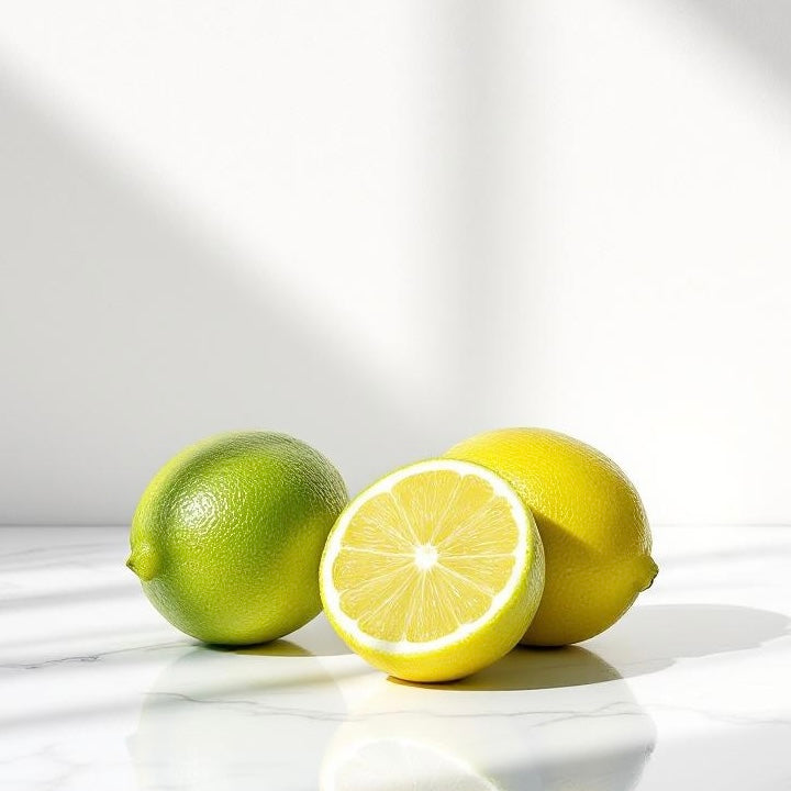 Two whole bergamots and one sliced bergamot that represents to smell of the scent to make custom perfumes and colognes on a white surface with a white background
