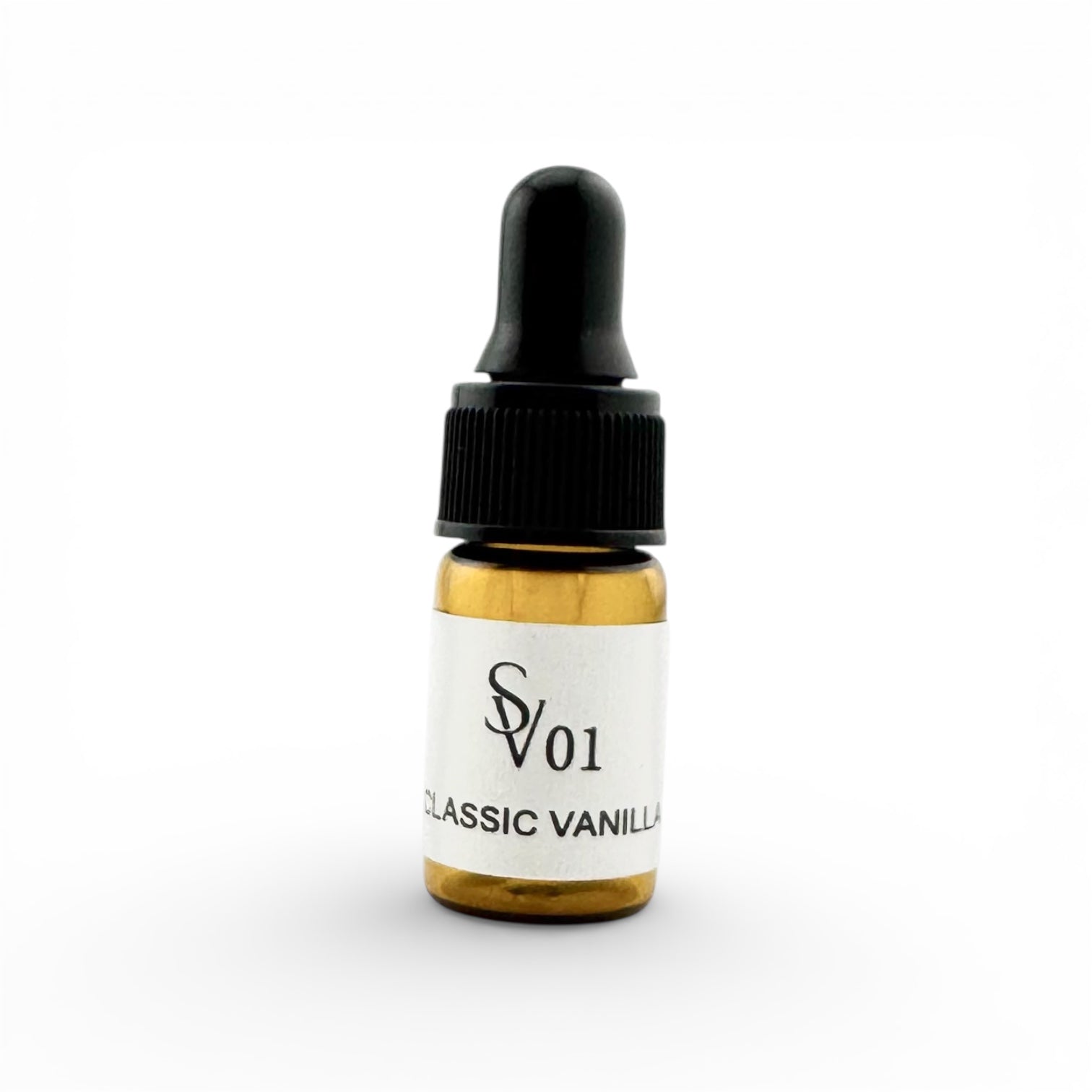 Bottle of SV01 Classic Vanilla used to make custom perfumes and colognes on a white background