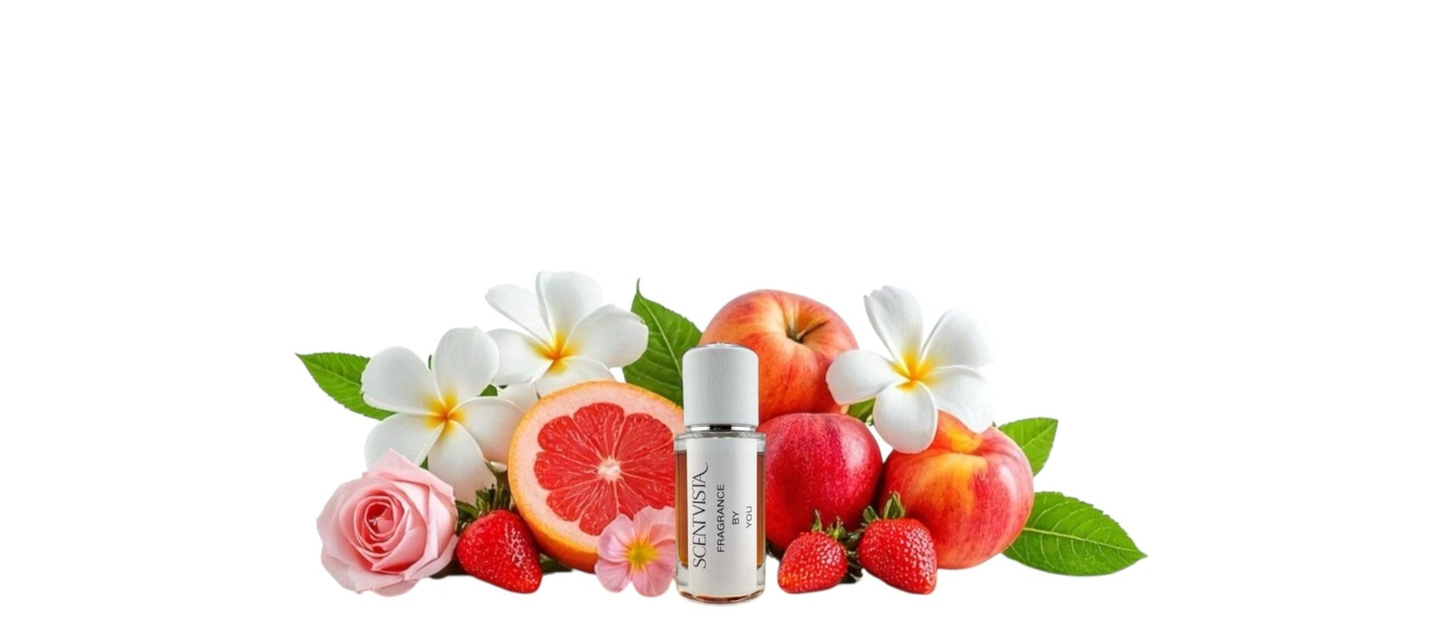 Cosmetic bottle with fruits and flowers on a white background