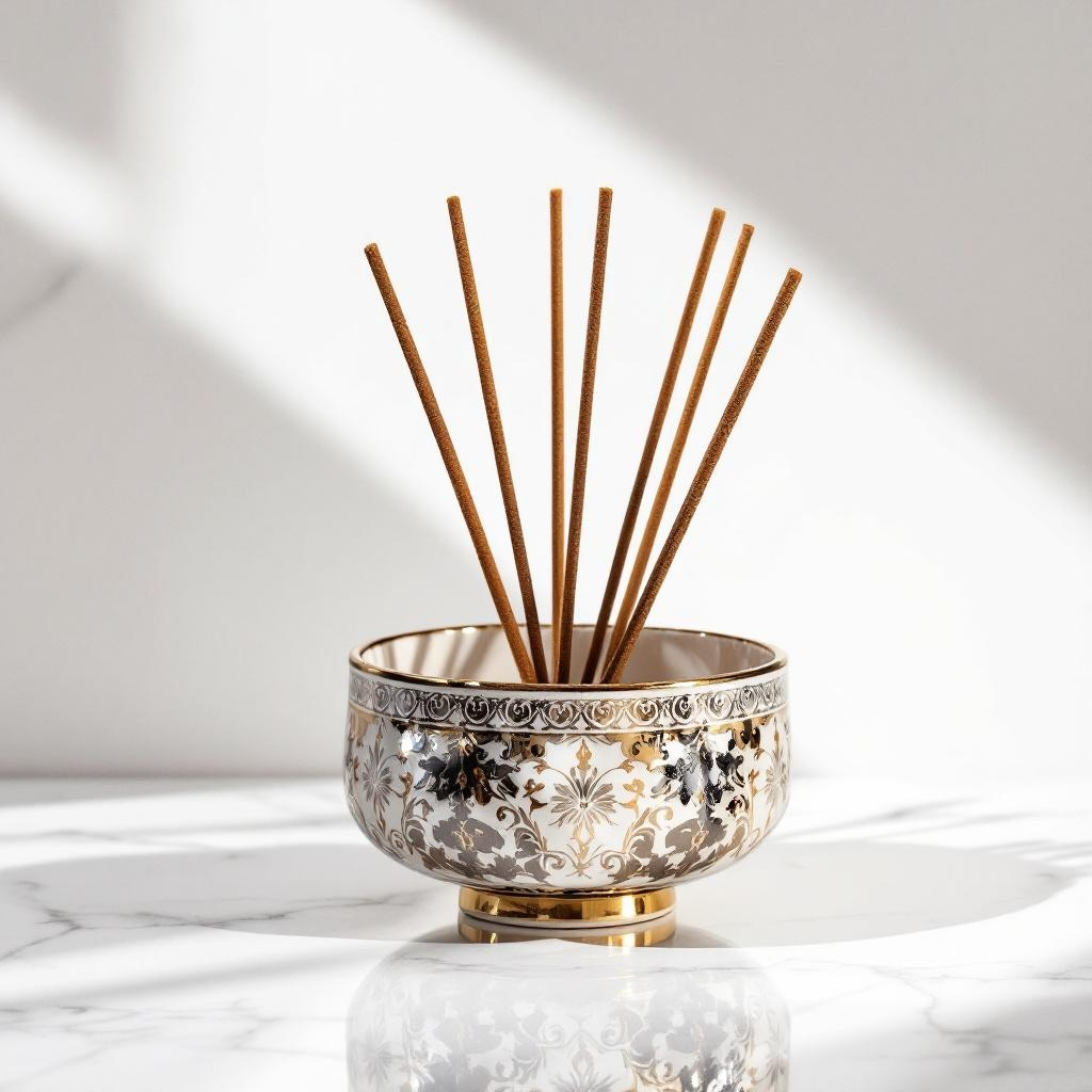 Decorative diffuser with wooden sticks in an ornate bowl on a marble surface