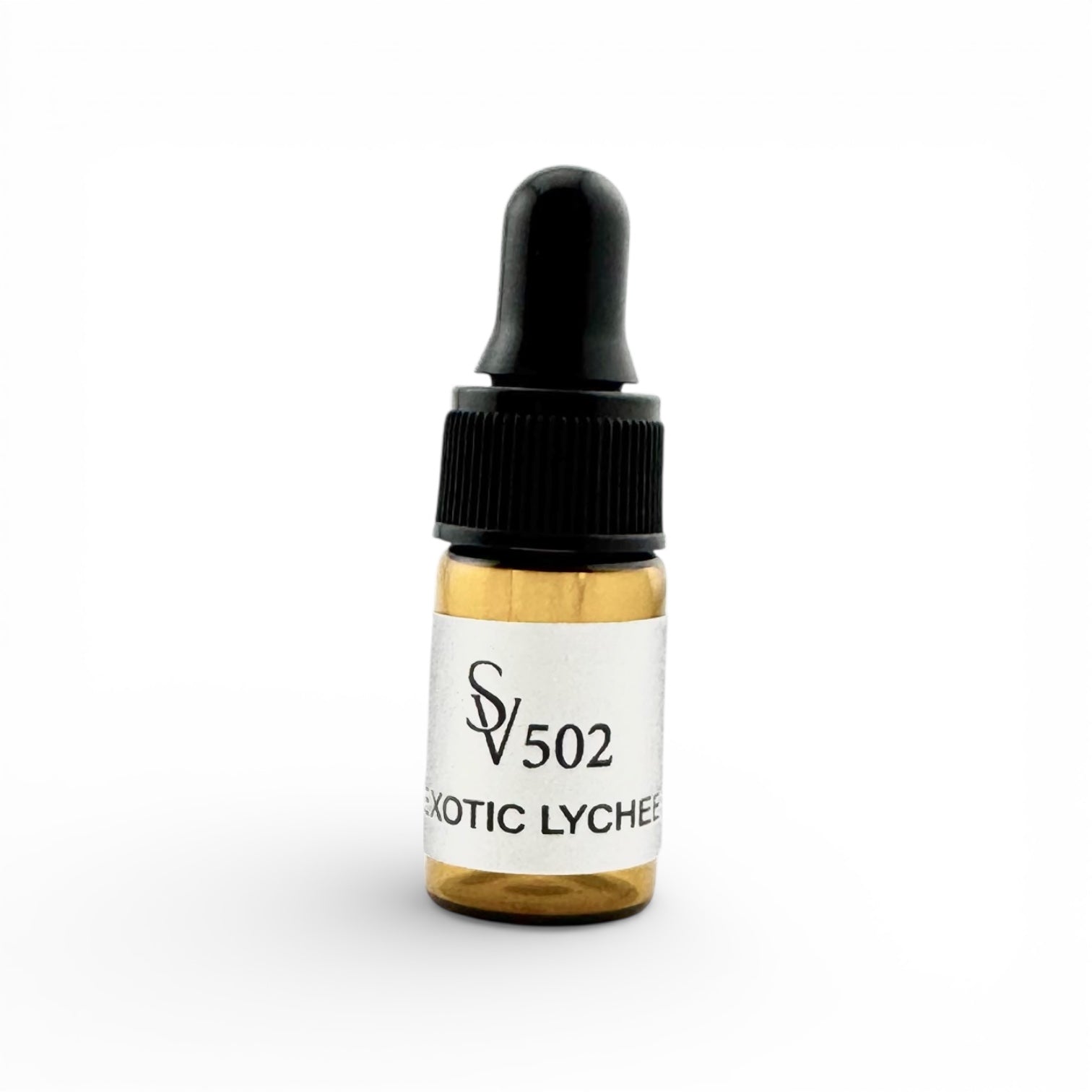 Bottle of SV502 Exotic Lychee used to make custom perfumes and colognes on a white background