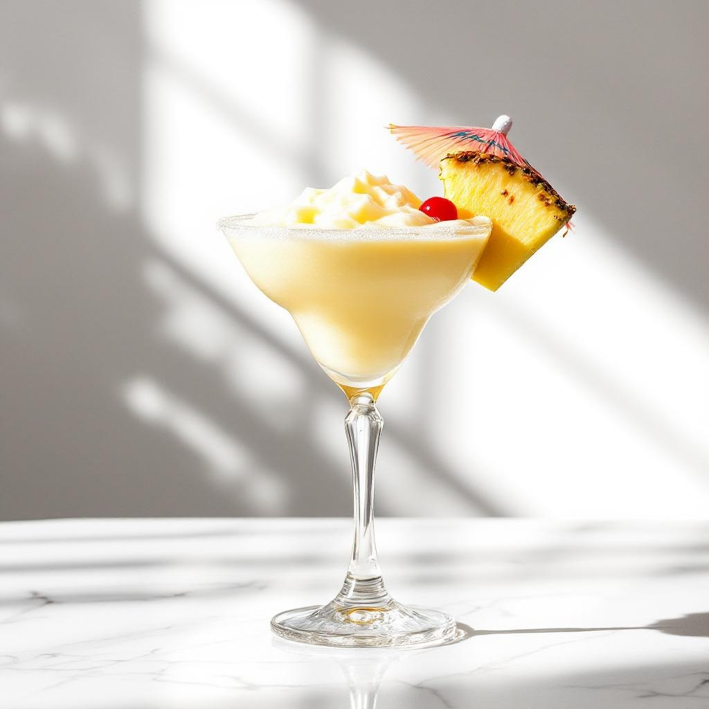 Piña colada with a slice of pineapple and umbrella garnish that represents the smell of the scent used to make custom perfumes and colognes on a marble surface.
