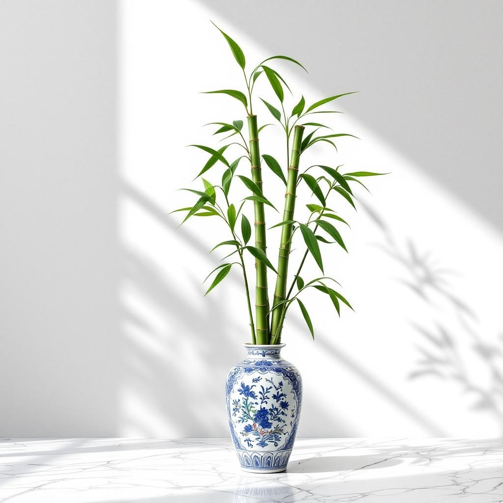 Decorative vase with floral patterns containing bamboo plants on a marble surface with a light background representing the smell of Pure Bamboo for creating your own custom perfumes and colognes.