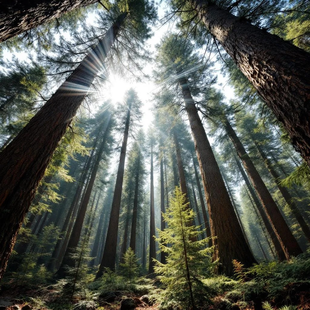 Sunlight filtering through tall trees in a forest representing the smell for Warm Forest that is used to create custom perfumes and colognes.