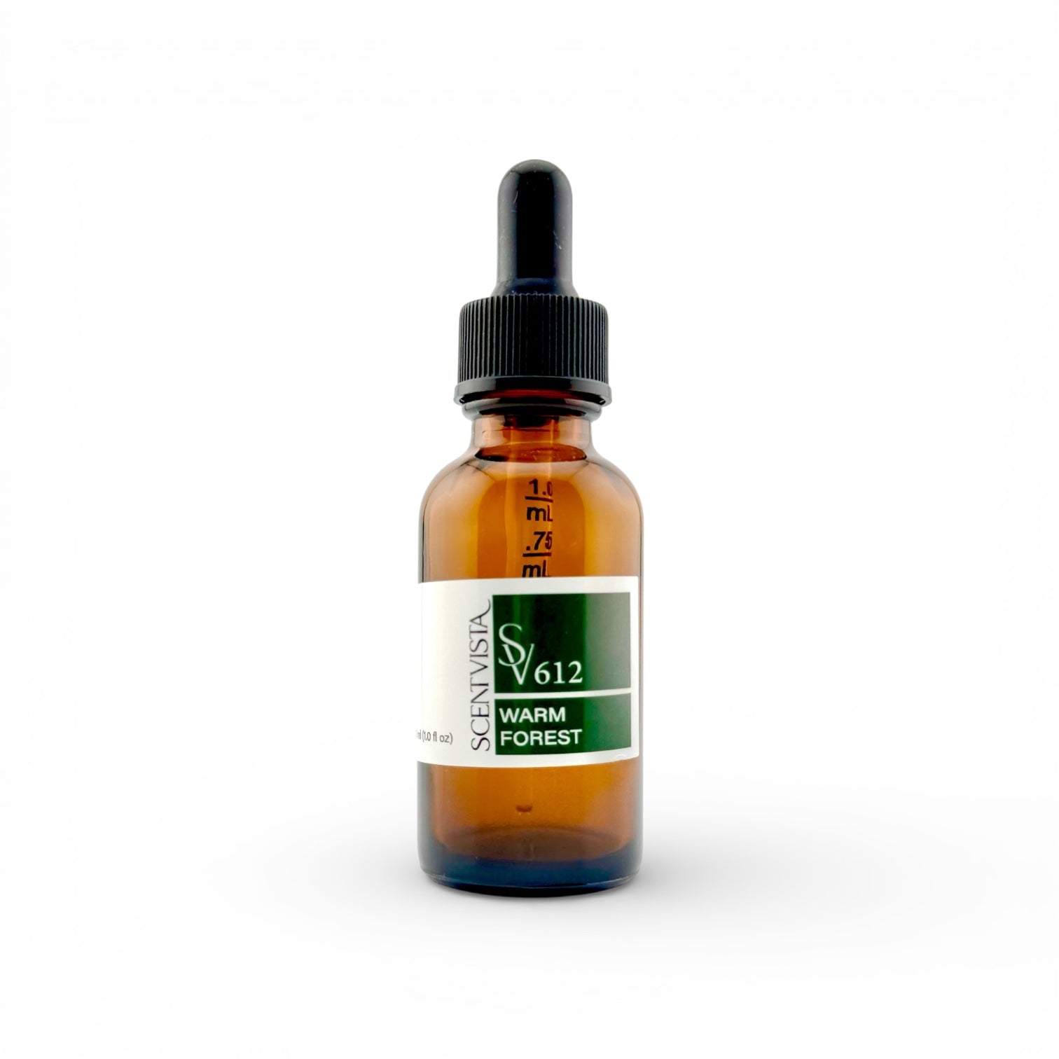 Amber glass dropper bottle used for creating custom perfumes and colognes on a white background