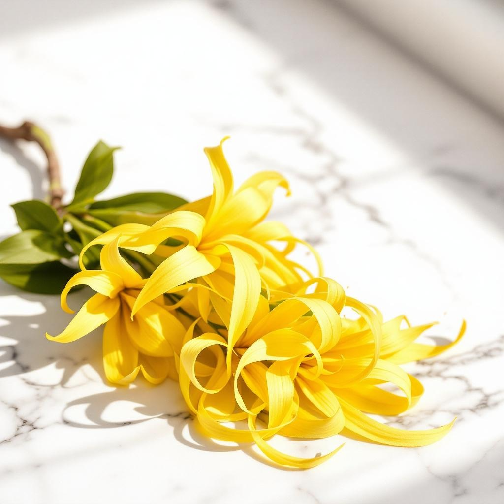 Ylang ylang flowers with green leaves that represents the smell of the scent used to create custom perfumes and colognes on a marble surface