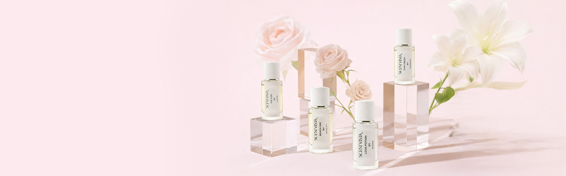 4 Scentvista fragrance bottles staged at different heights with a pink background.