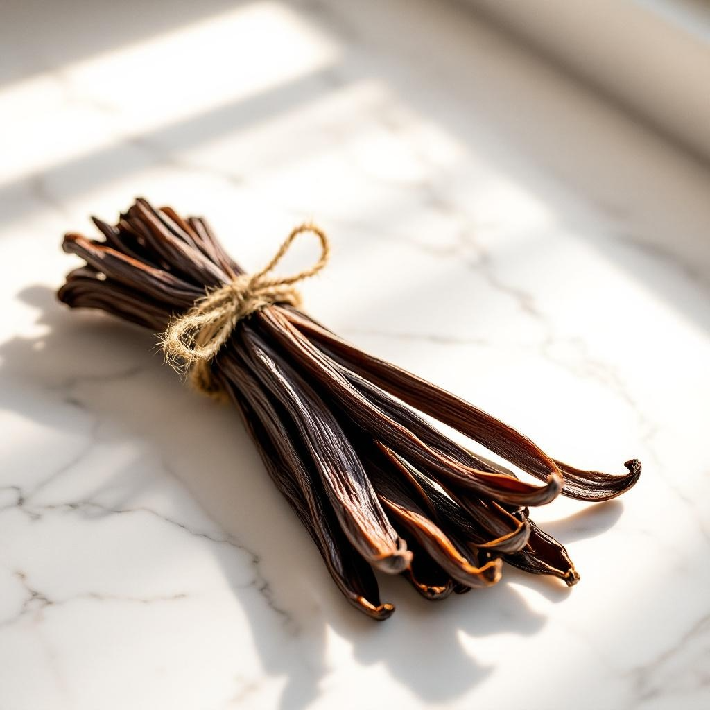 Bundle of vanilla beans tied with twine that represents the smell of the scent used to make custom perfumes and colognes on a marble surface