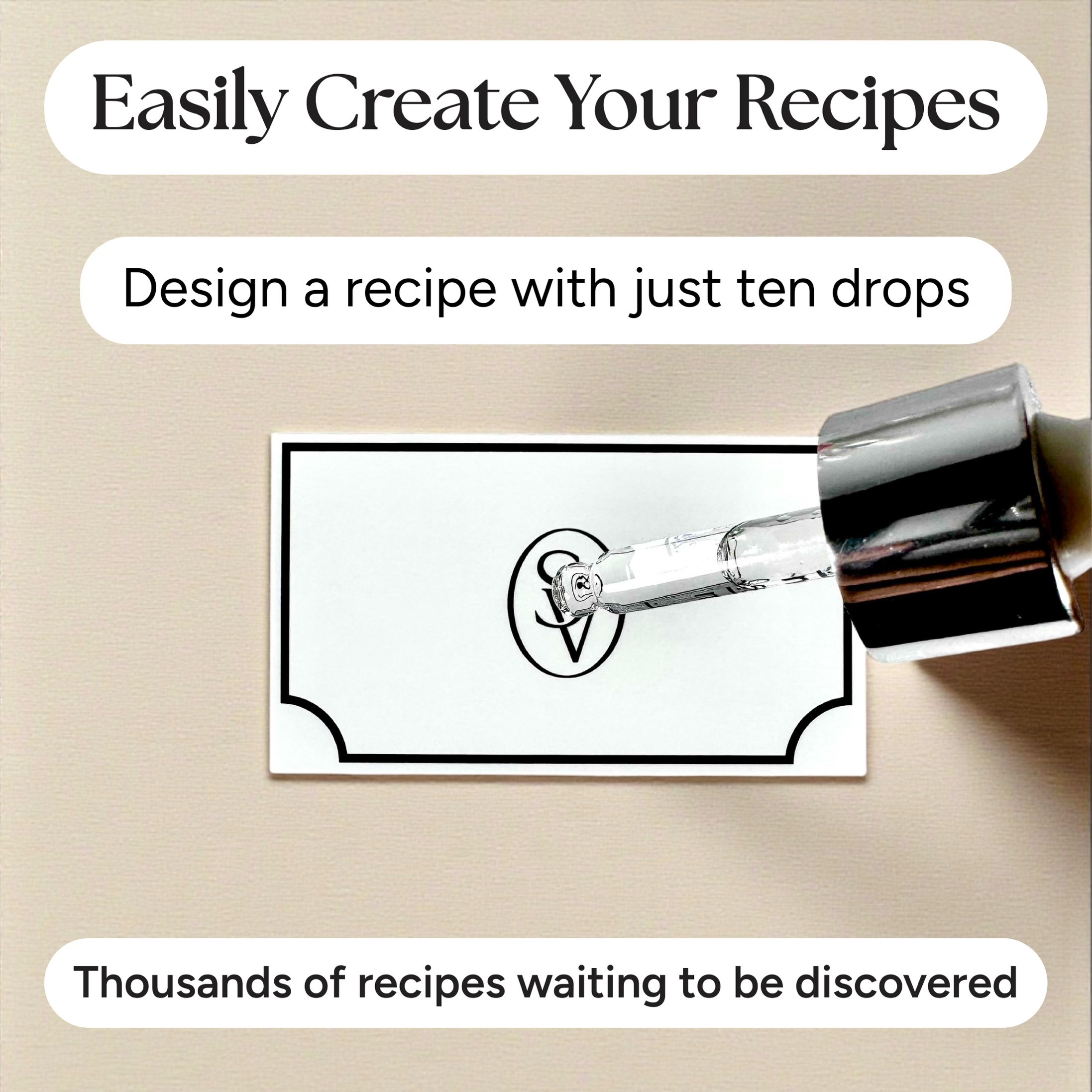 Bottle with a dropper and text about creating custom perfume and cologne recipes with just ten drops on a beige background