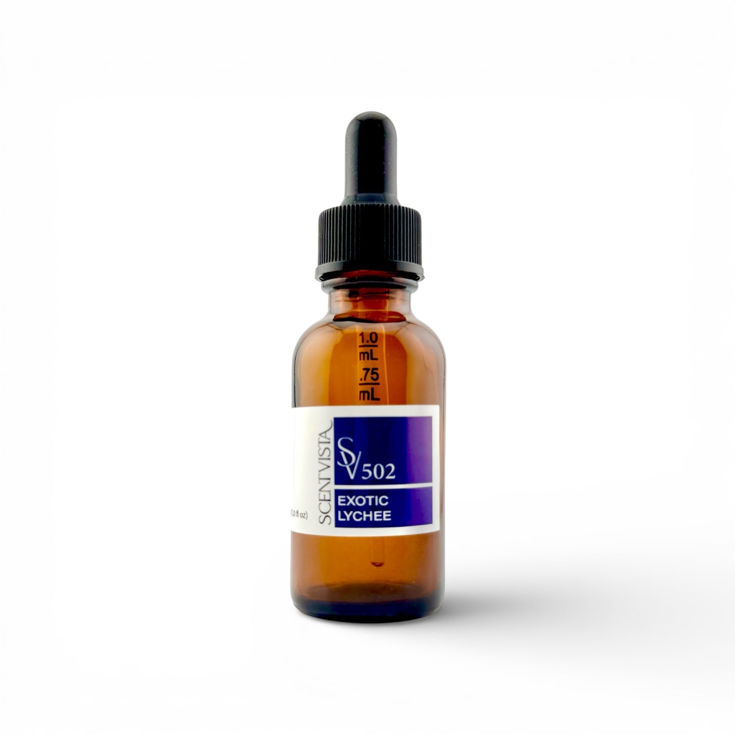Bottle of Exotic Lychee dropper bottle used to create custom perfumes and colognes on a white background