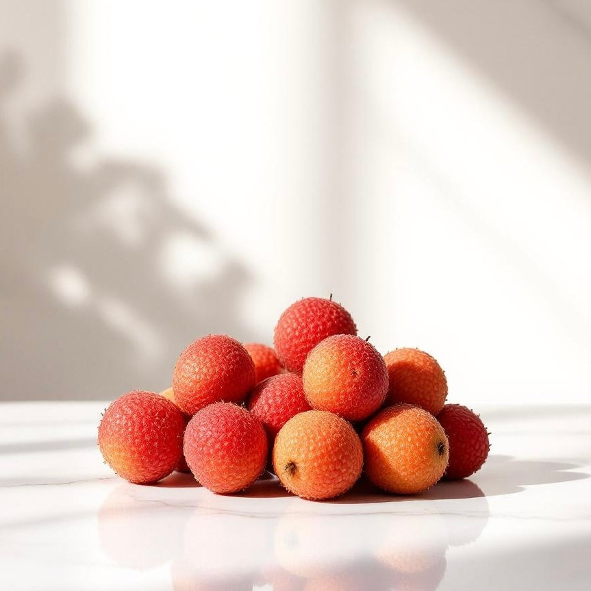 Stack of lychees on a white surface with a soft light background that represents the smell of Exotic Lychee which is used to make custom perfumes and colognes.