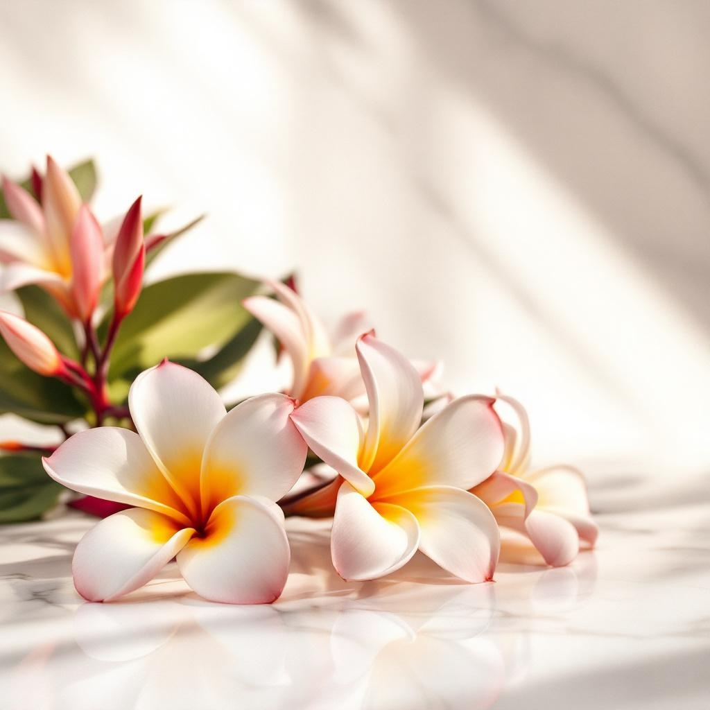 Plumeria flowers with green leaves that represents the smell of the scent used to create custom perfumes and colognes on a light background