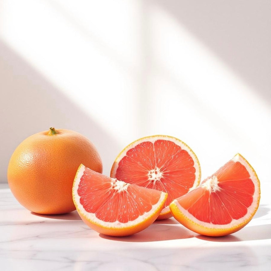 Whole and sliced grapefruits that represents the smell of the scent used to create custom perfumes and colognes on a white background