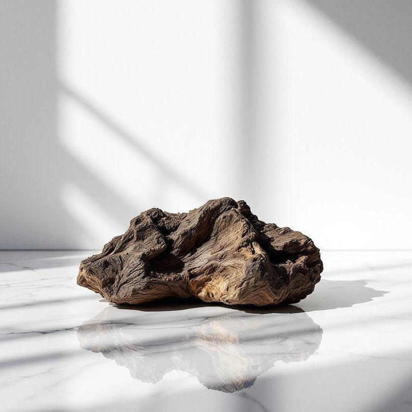 Oud wood the represents the smell of the scent used to create custom perfumes and colognes on a reflective white surface 