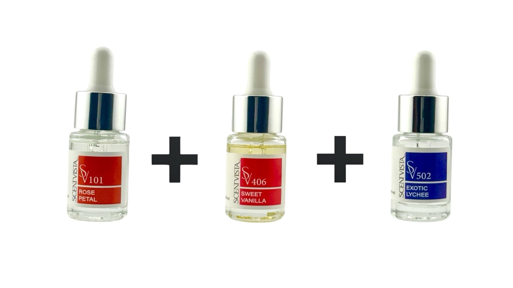 Three scent bottles with different colored labels on a white background