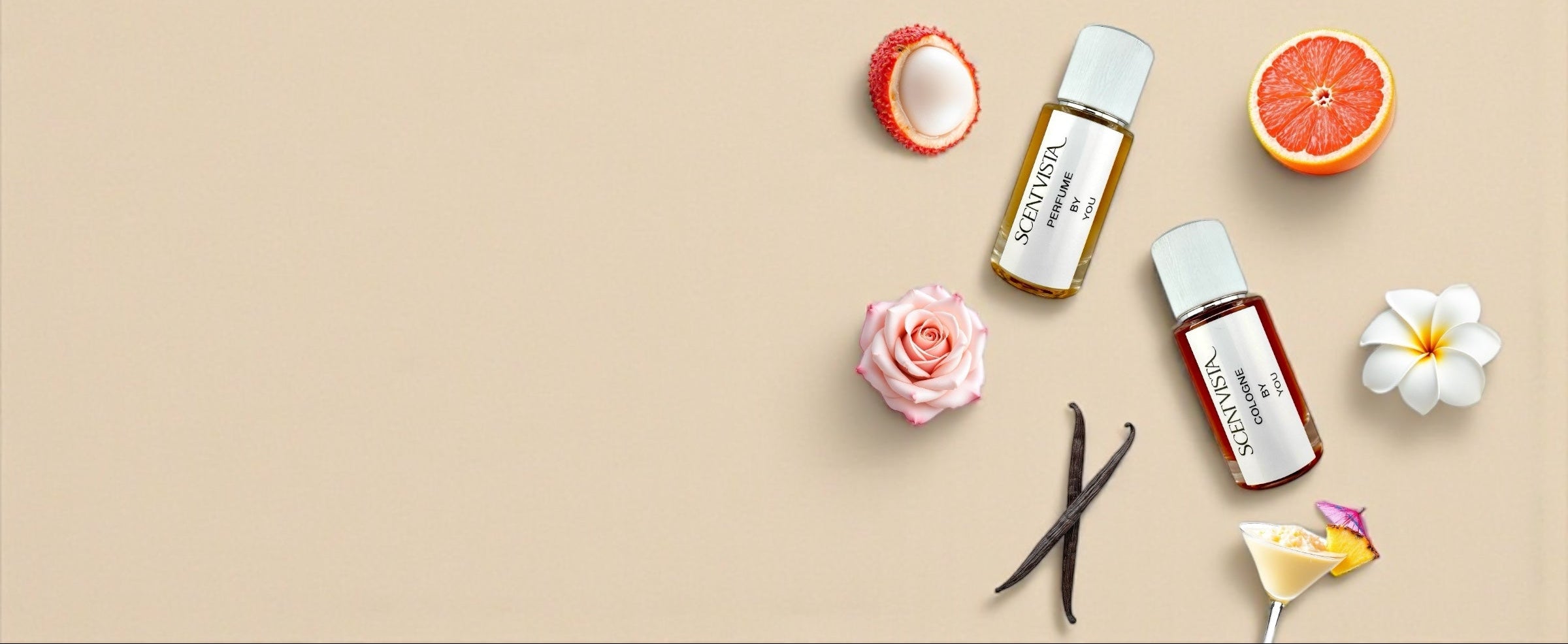 Two fragrance bottles with vanilla beans, flowers, and a slice of grapefruit on a beige background.