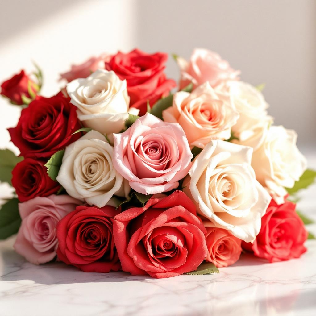 Bouquet of red, pink, and white roses that represents the smell of the scent used to create custom perfumes and colognes on a marble surface