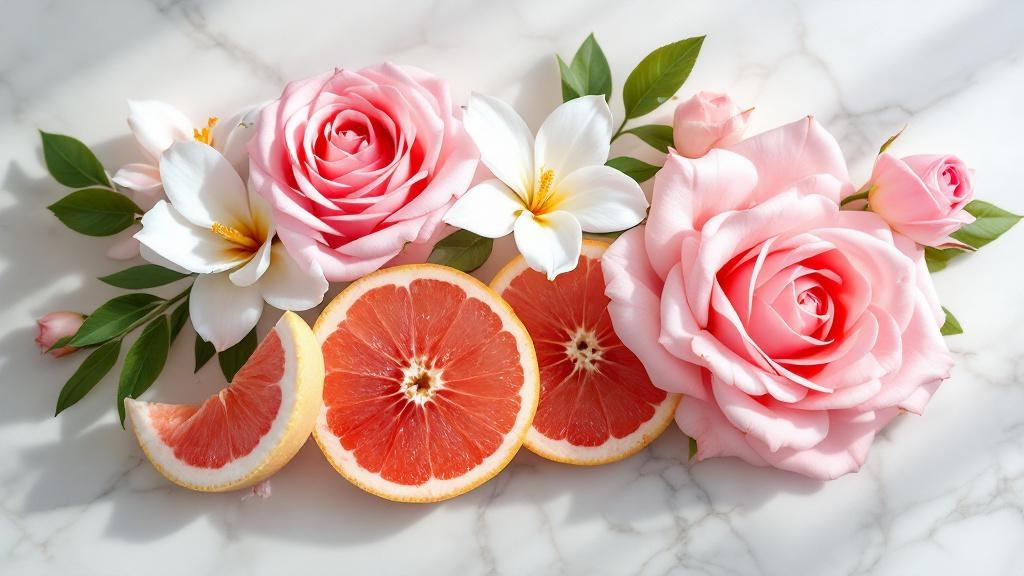 Decorative arrangement of pink and white flowers with sliced grapefruits on a marble surface that represents the scents you can choose to make a custom perfume or cologne.