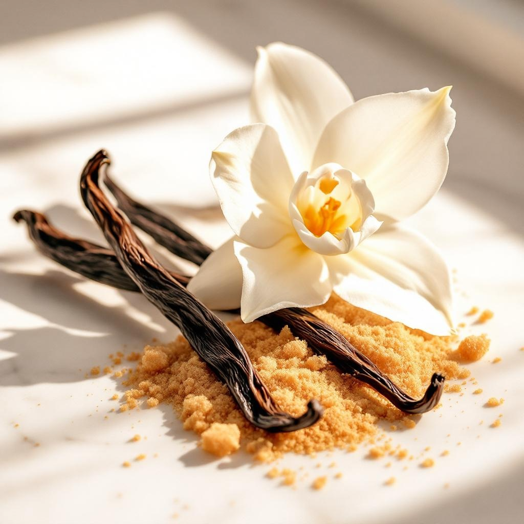 Vanilla beans and flower that represents the smell of the scent used to make custom perfumes and colognes on a white surface